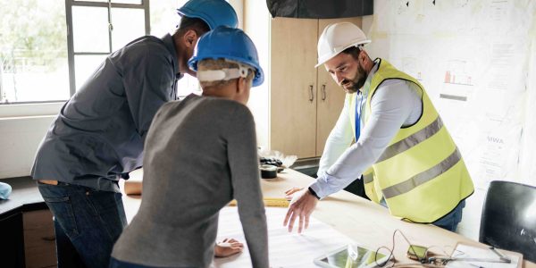 Construction workers, teamwork collaboration and blueprint planning in house, home or office buildi.